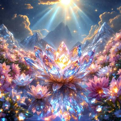 The primary subject of the image is a large, colorful crystal flower. The flower is surrounded by a beautiful, vibrant garden setting. The visual style of the image is a combination of digital art and illustration, creating a stunning and unique artwork. The dominant colors in the image are blue, pink, and yellow, giving the scene a lively and cheerful atmosphere.